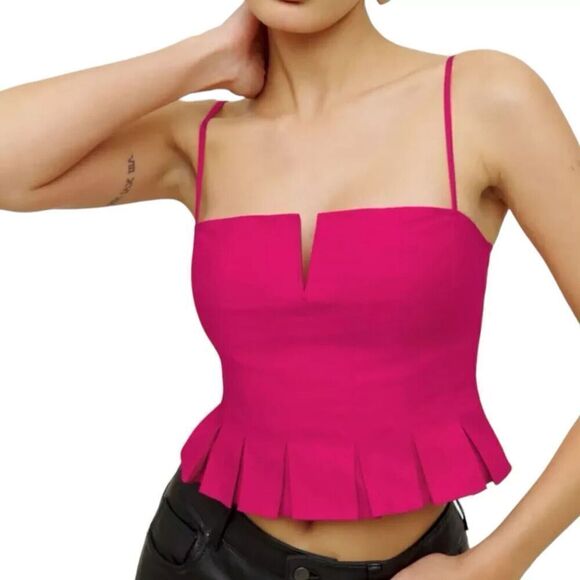 Reformation Shia Top Pink Cropped Stretch Organic Cotton Peplum Camisole Size 8 - Picture 2 of 2